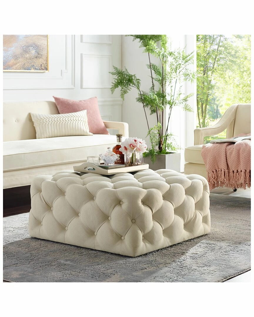 Inspired Home Mauricio Cocktail Ottoman Ottomans & Poufs Cream Linen - Image 2