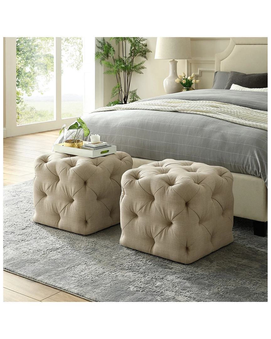 Inspired Home Beige Linen Ottoman Ottomans & Poufs - Image 2