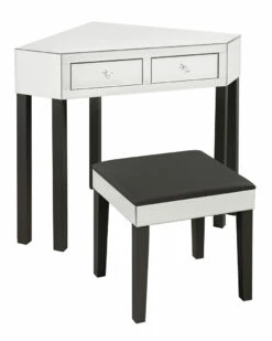 Inspired Home Callista Mirrored Corner Makeup Vanity Table With Stool Nightstands