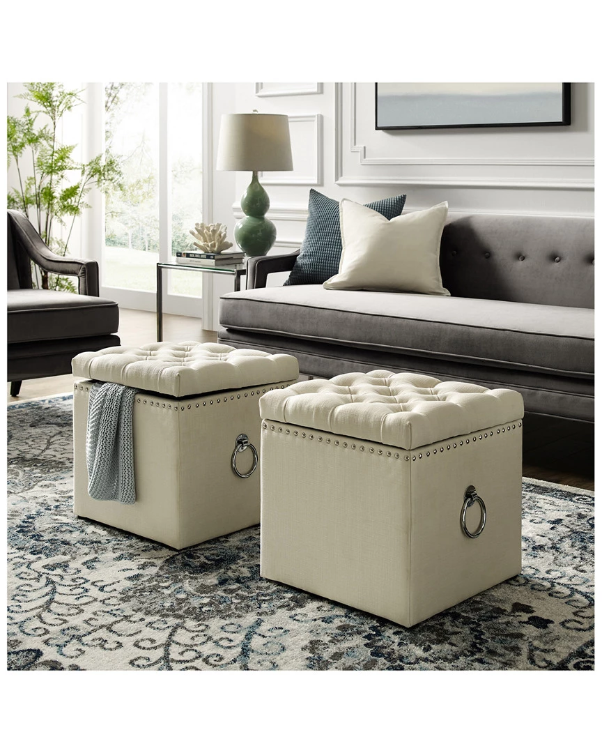 Inspired Home Cream White Linen Storage Ottoman Ottomans & Poufs - Image 2